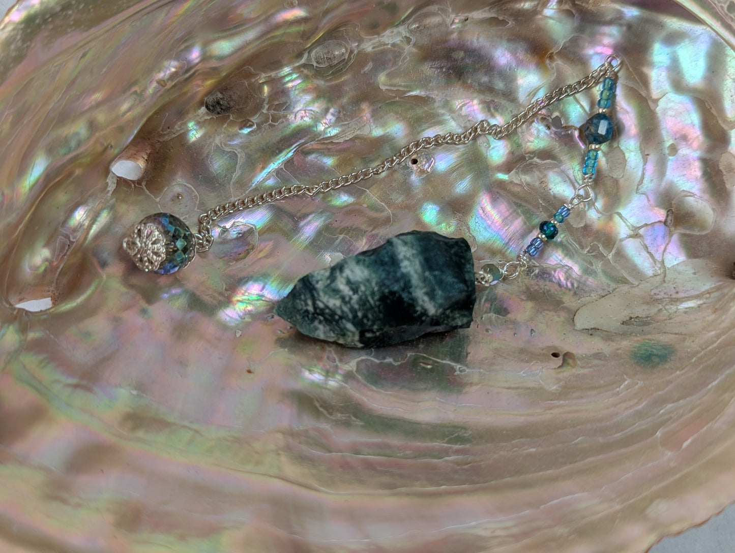 PENDULUM - Moss Agate Pendulum - Raw with blue & green beads