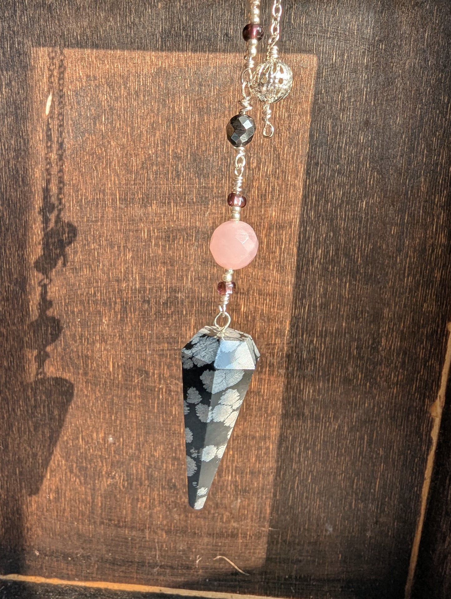 PENDULUM - Snowflake Obsidian Pendulum - Smooth with rose quartz & Czech beads