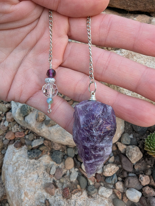 PENDULUM - Amethyst Pendulum - Raw amethyst with clear & purple beads