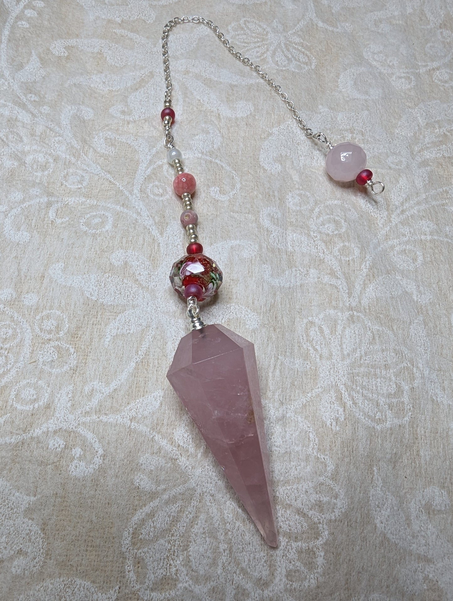 PENDULUM - Rose Quartz with pink stones, red and white beads
