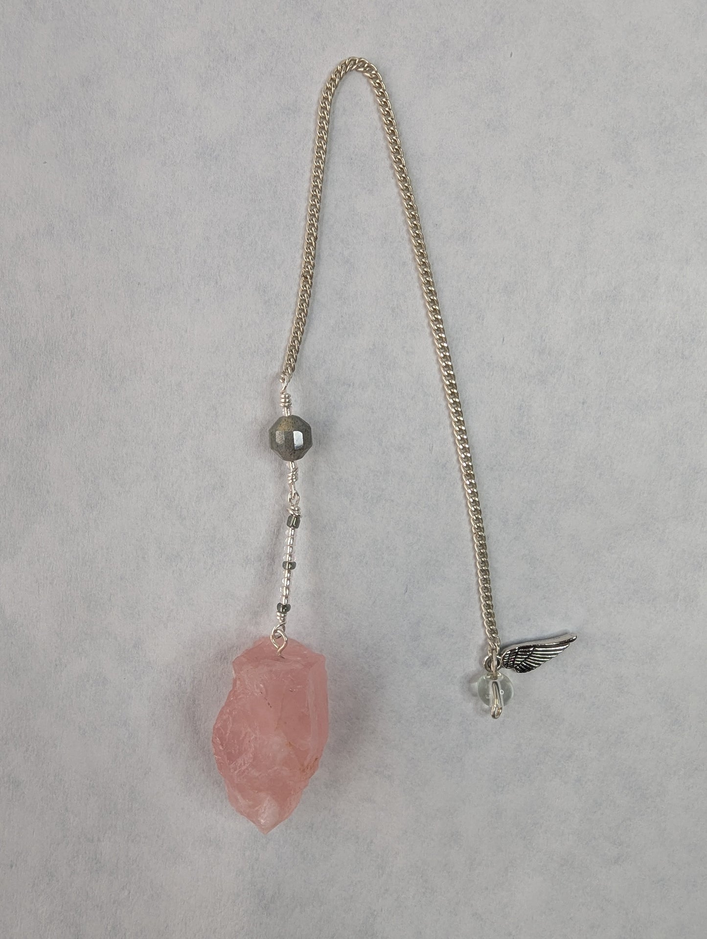 PENDULUM - Rose Quartz Pendulum - Raw with smokey quartz & angel wing charm