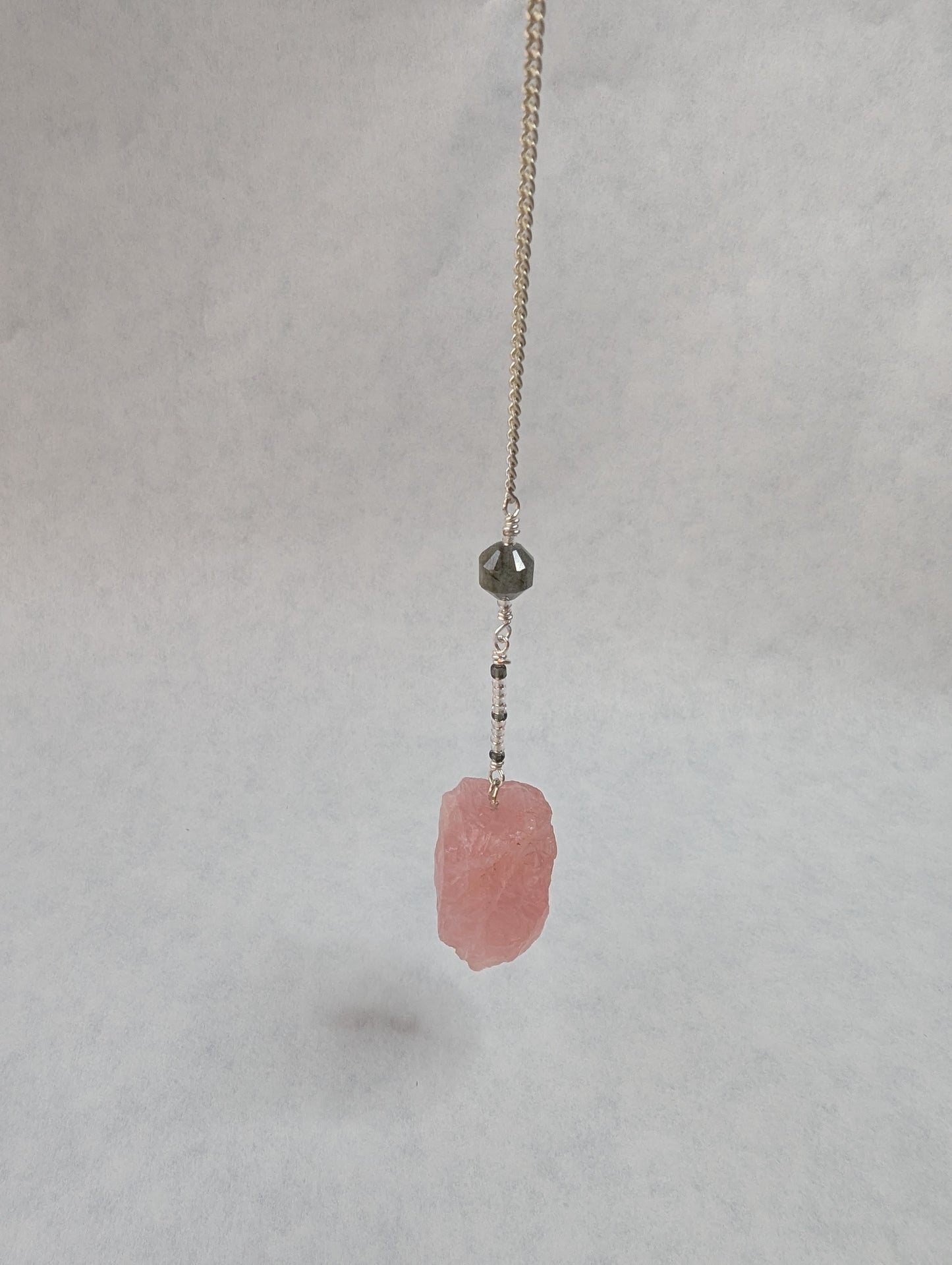 PENDULUM - Rose Quartz Pendulum - Raw with smokey quartz & angel wing charm