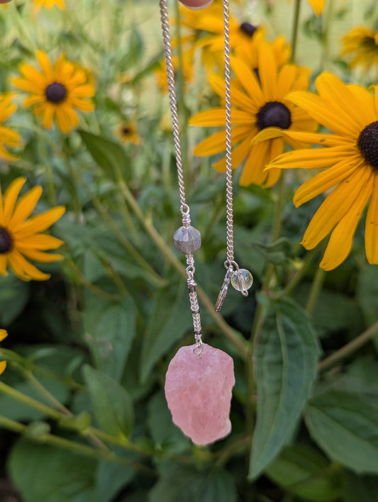 PENDULUM - Rose Quartz Pendulum - Raw with smokey quartz & angel wing charm