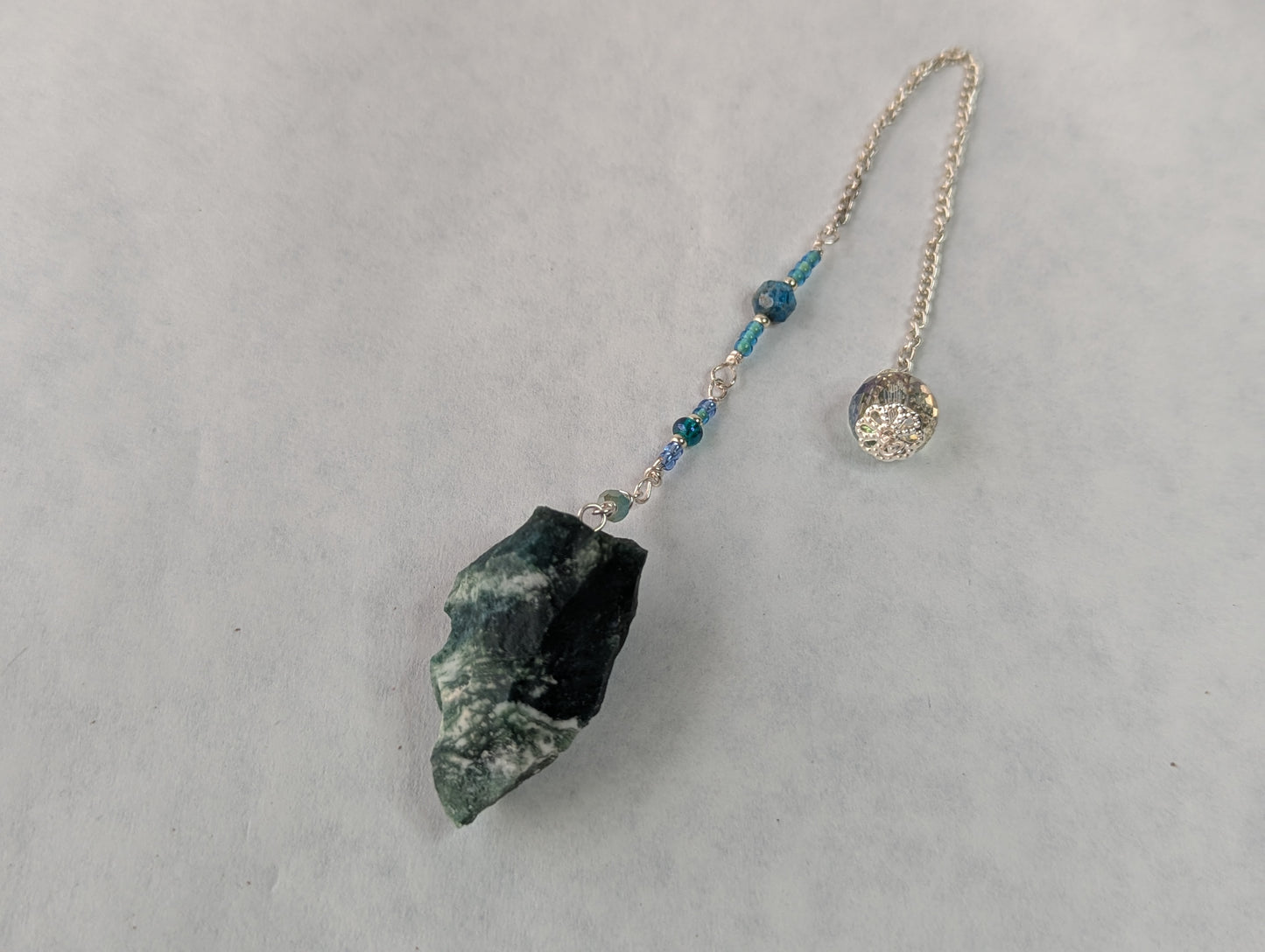 PENDULUM - Moss Agate Pendulum - Raw with blue & green beads