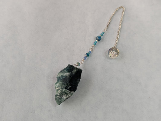 PENDULUM - Moss Agate Pendulum - Raw with blue & green beads