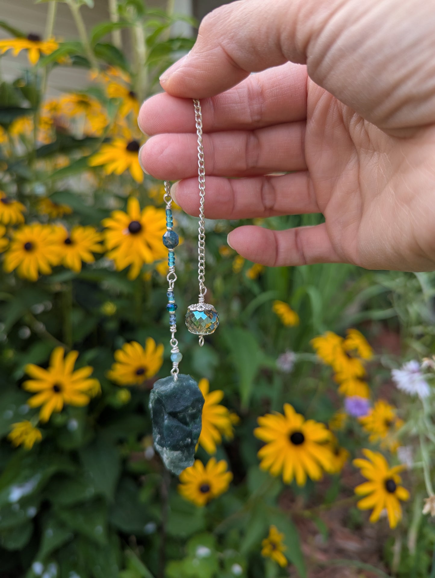 PENDULUM - Moss Agate Pendulum - Raw with blue & green beads