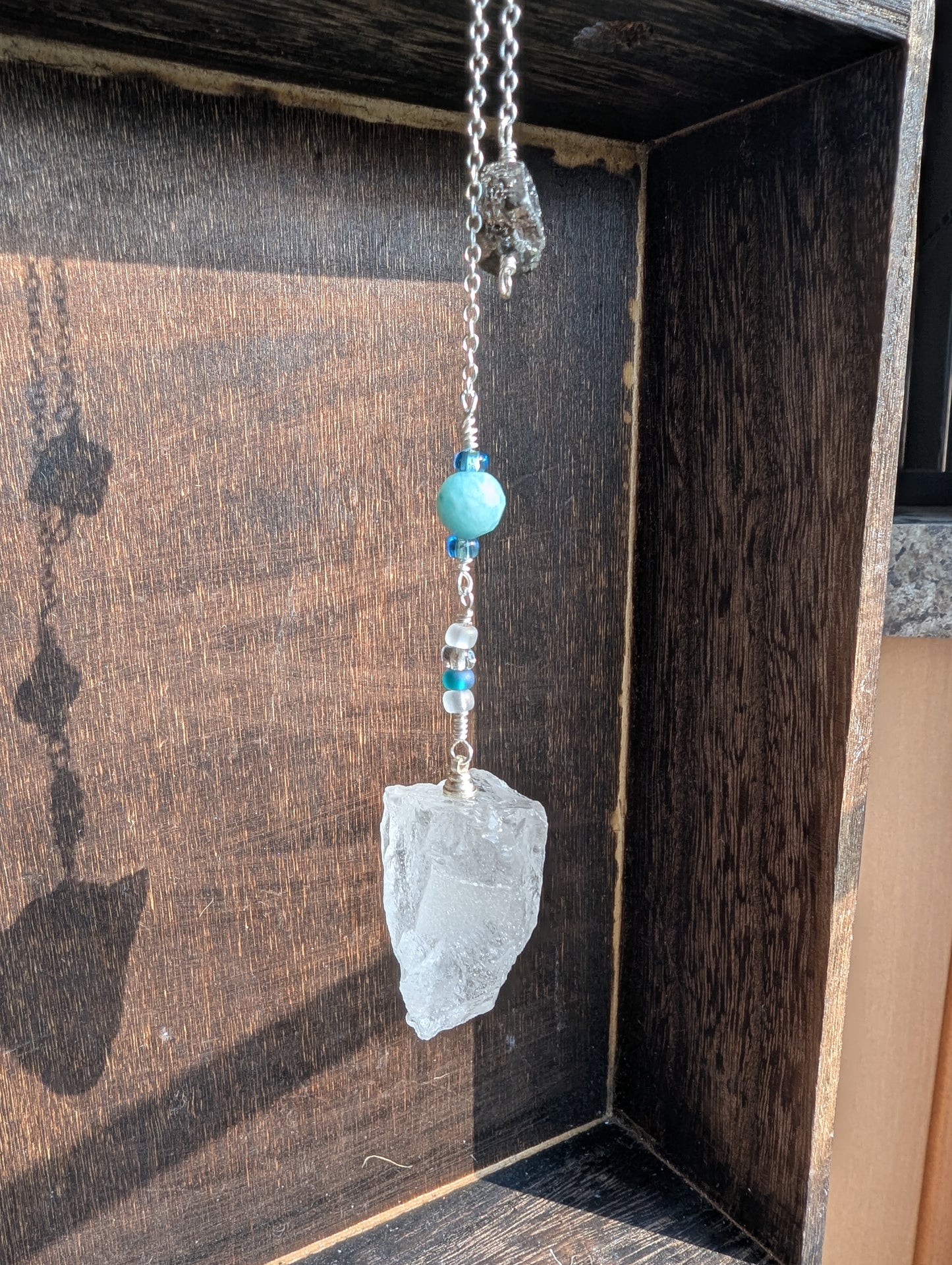 PENDULUM - Clear Quartz Pendulum - Raw crystal with teal beads and pyrite top
