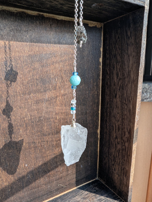PENDULUM - Clear Quartz Pendulum - Raw crystal with teal beads and pyrite top