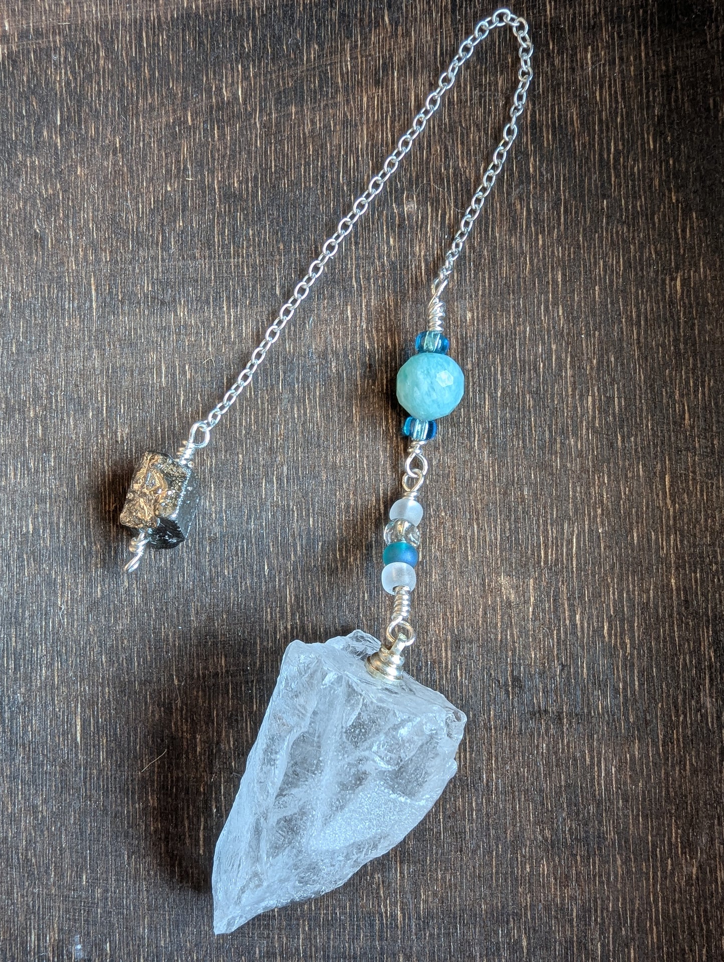PENDULUM - Clear Quartz Pendulum - Raw crystal with teal beads and pyrite top