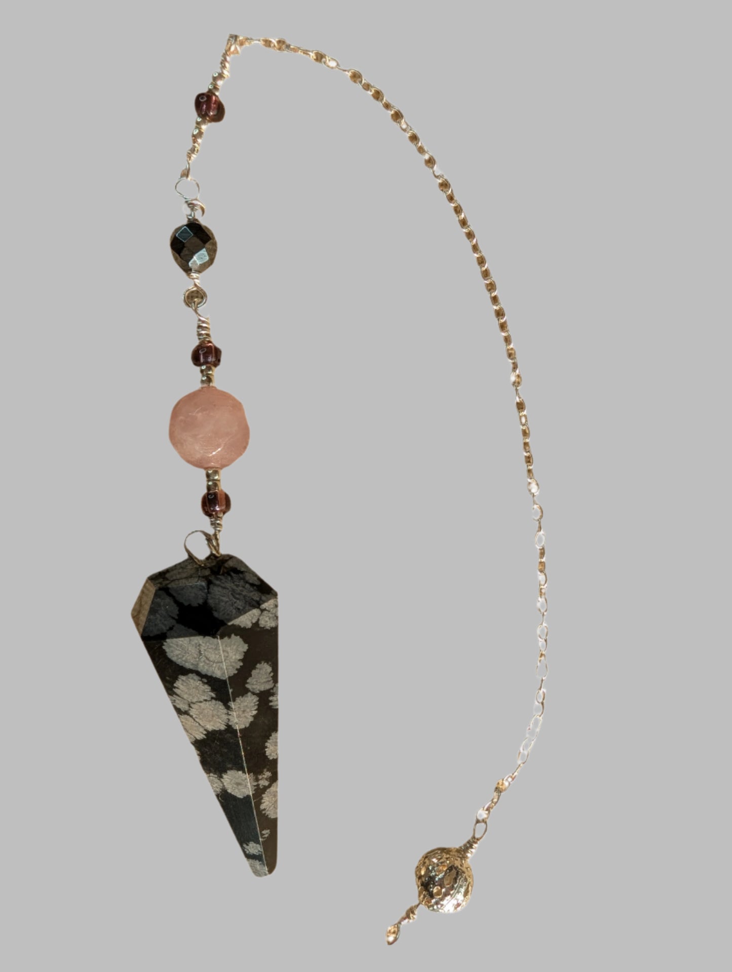PENDULUM - Snowflake Obsidian Pendulum - Smooth with rose quartz & Czech beads