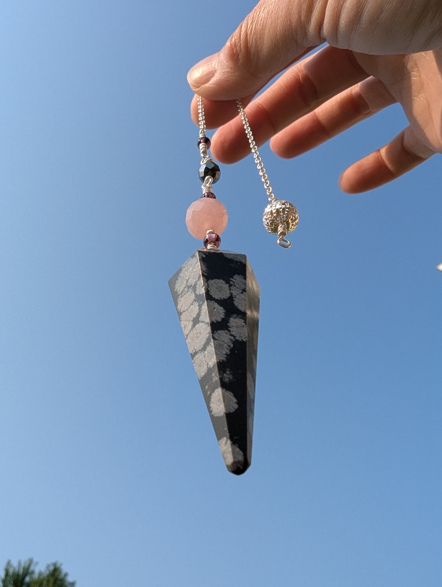 PENDULUM - Snowflake Obsidian Pendulum - Smooth with rose quartz & Czech beads
