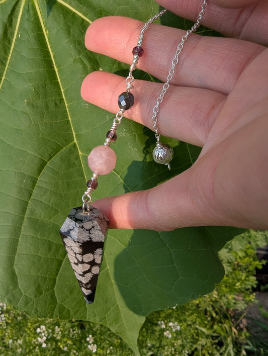 PENDULUM - Snowflake Obsidian Pendulum - Smooth with rose quartz & Czech beads