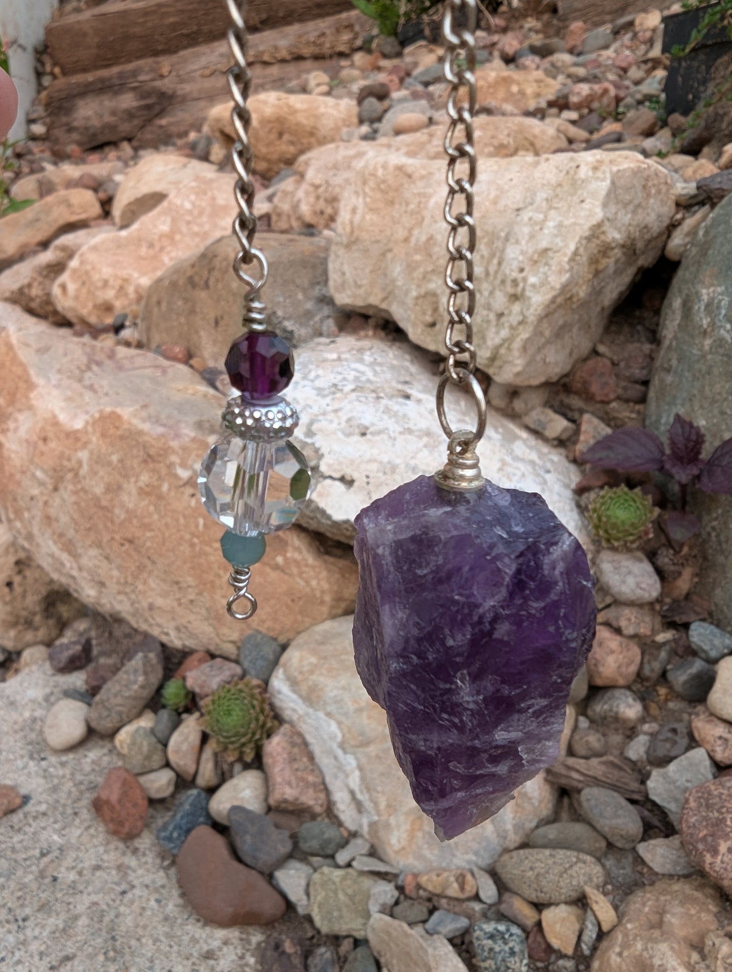 PENDULUM - Amethyst Pendulum - Raw amethyst with clear & purple beads