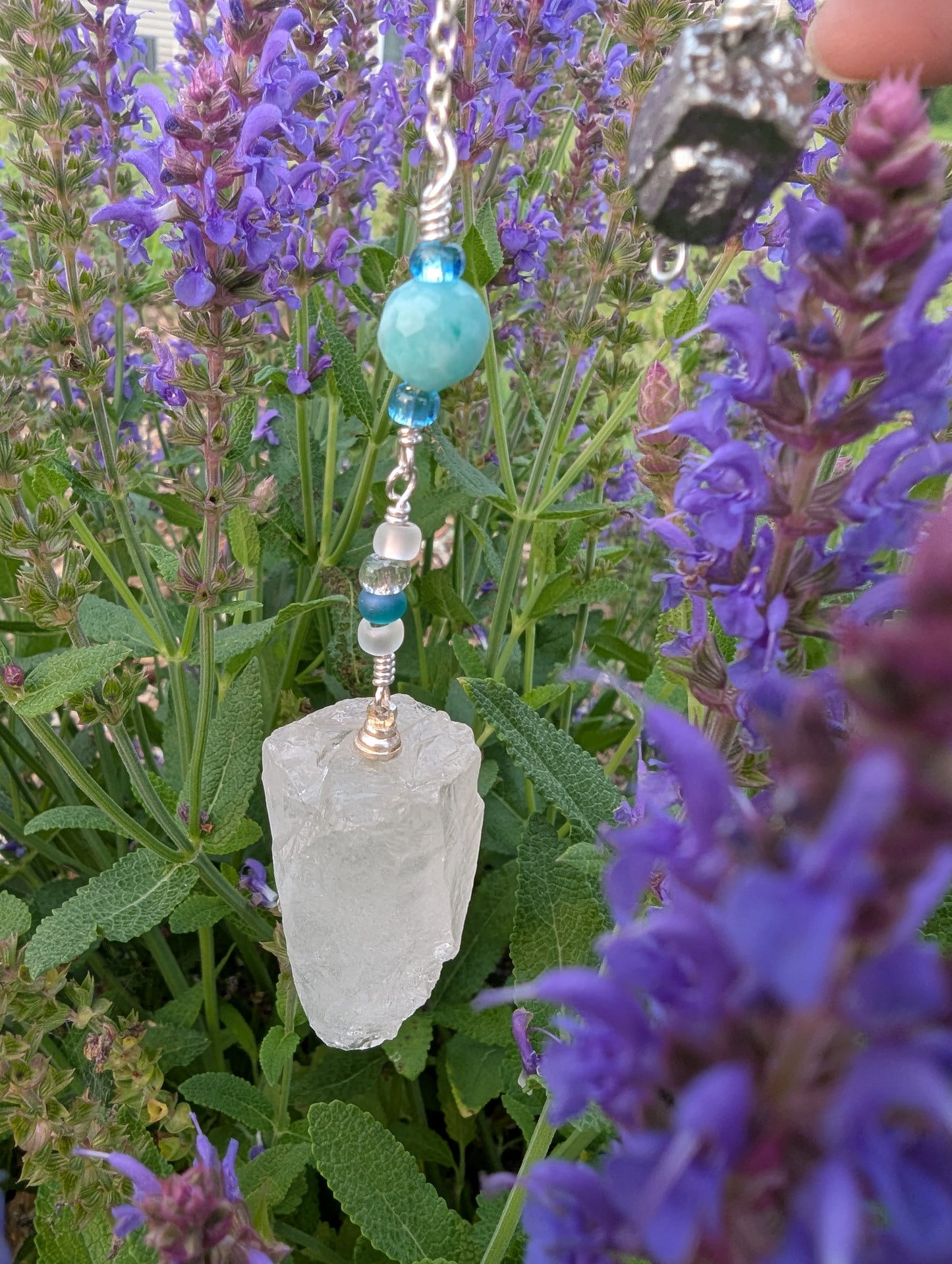 PENDULUM - Clear Quartz Pendulum - Raw crystal with teal beads and pyrite top