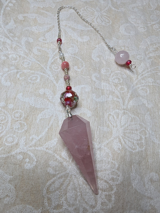 PENDULUM - Rose Quartz with pink stones, red and white beads