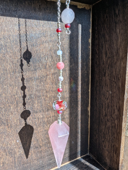 PENDULUM - Rose Quartz with pink stones, red and white beads