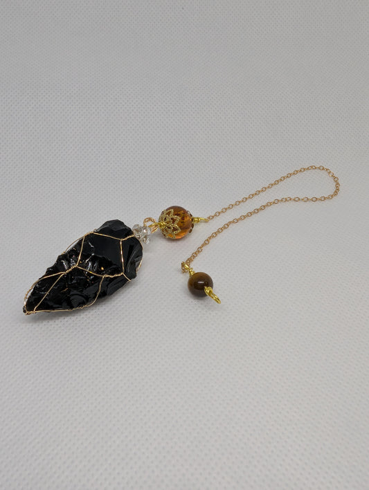 PENDULUM - Raw Black Obsidian wrapped with Gold-colored wire and tigers eye
